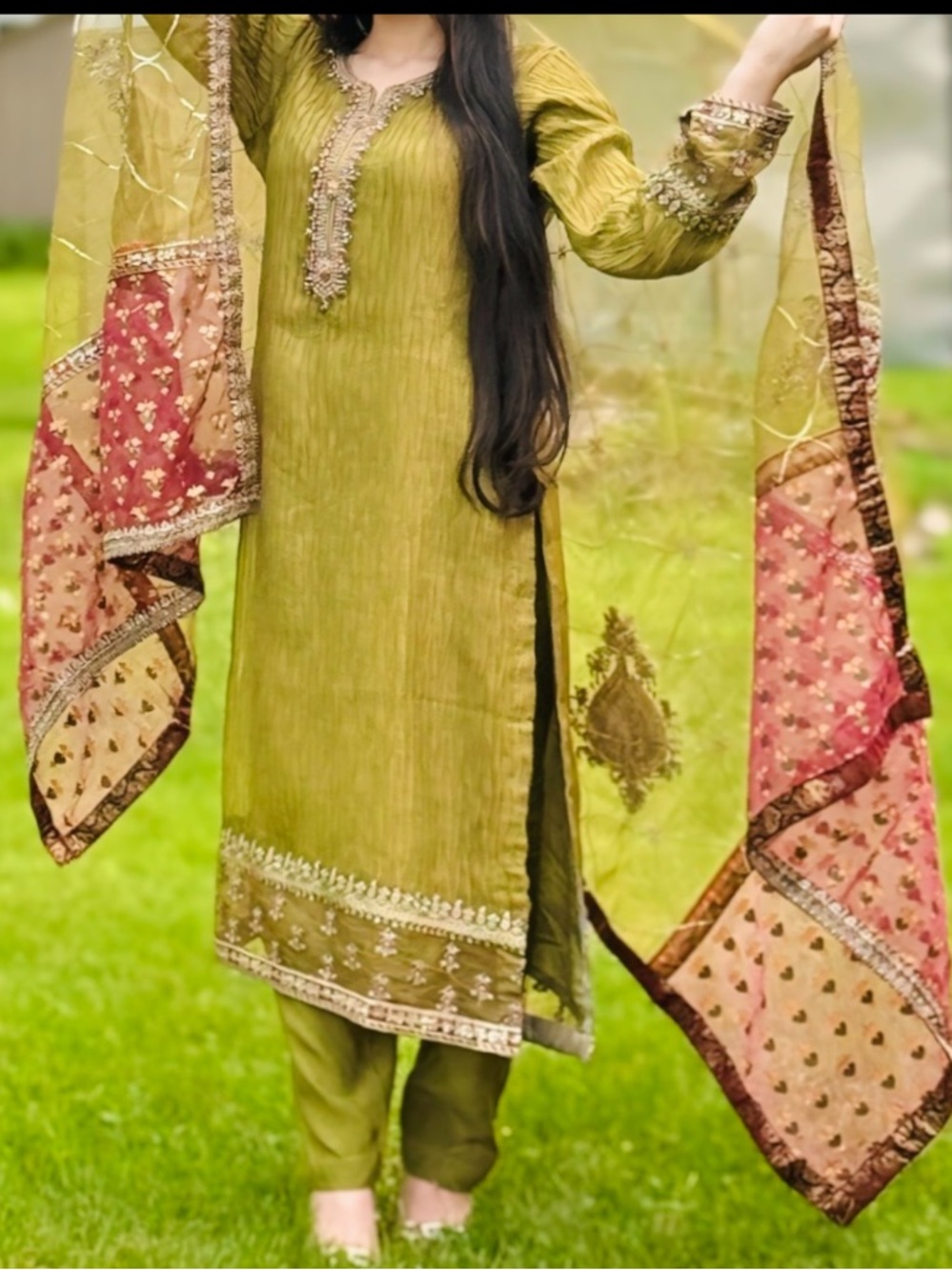 Girls Olive Green Embroidered Traditional Dress with Contrasting Maroon Dupatta